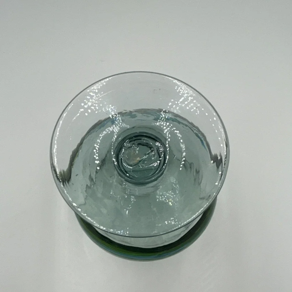 Mid Century Hand Blown Art Brandy type Glass  Blue and Green Decorative Swirl